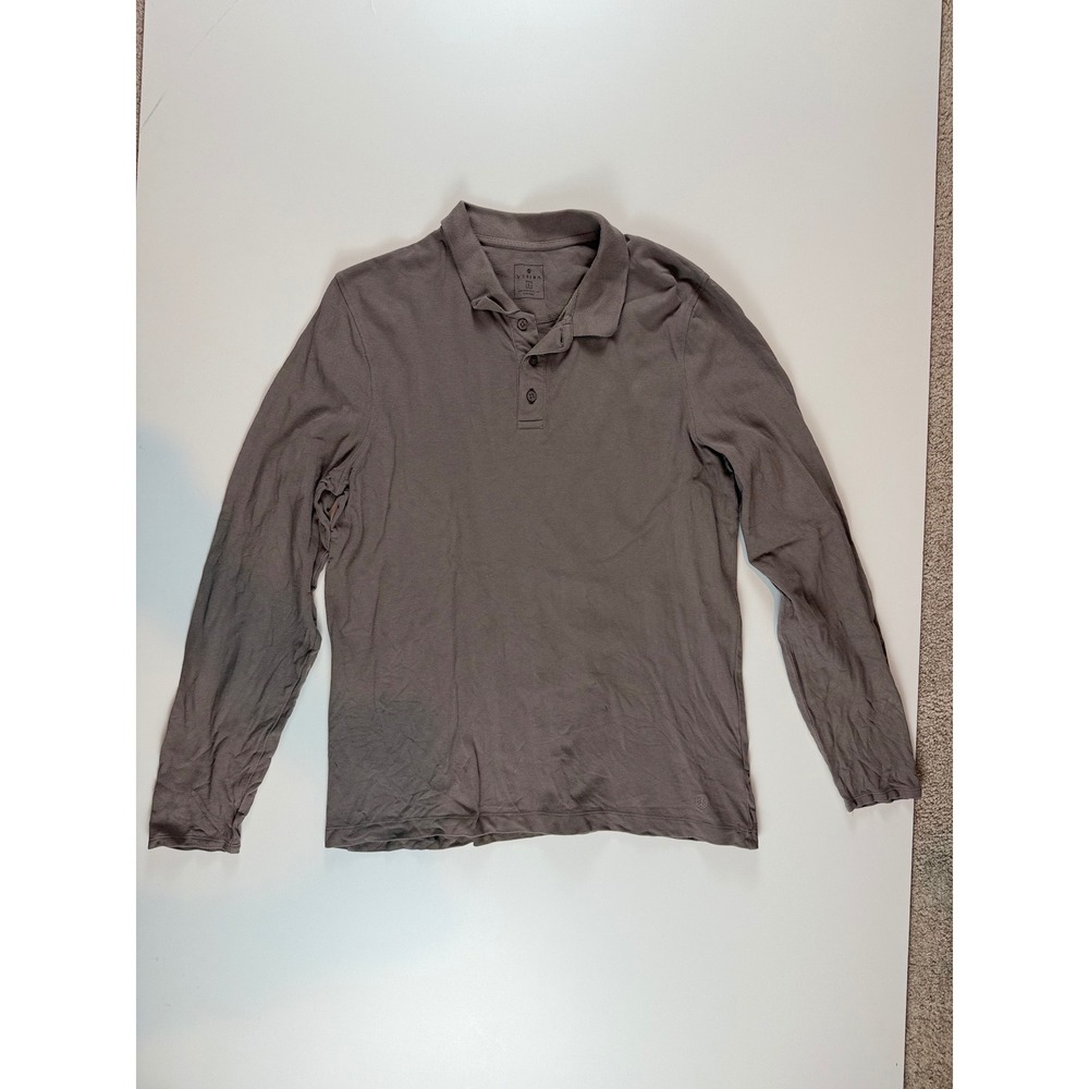 Vustra Mens‎ Long Sleeve Polo Shirt Taupe Grey Pique Knit Size Large L Logo